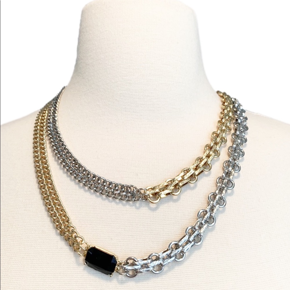 Steve Madden Two-Tone Chunky Chain Necklace | Black Cabochon Statement Necklace - Picture 2 of 4